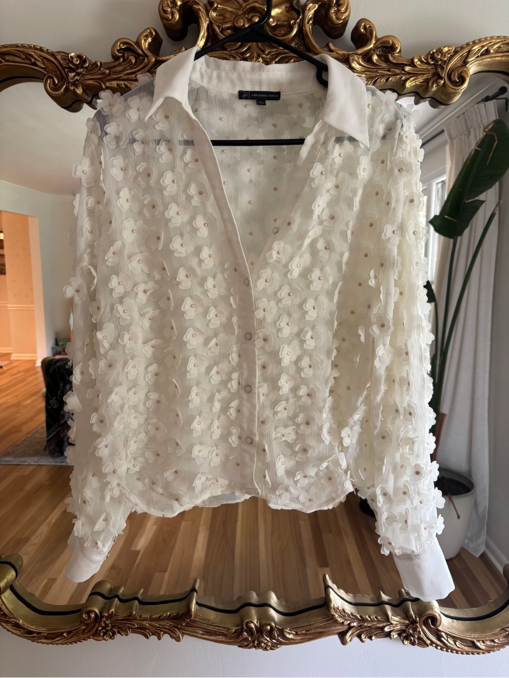 Ivory Chiffon 3D Floral Appliqué Long Sleeve Top - Dainty White Top - Size L
